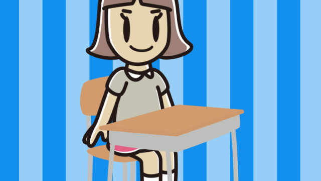 教室の席に座る小学生女子のイラスト【色、背景あり】PNG