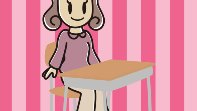 教室の席に座る女子大学生のイラスト【色、背景あり】PNG