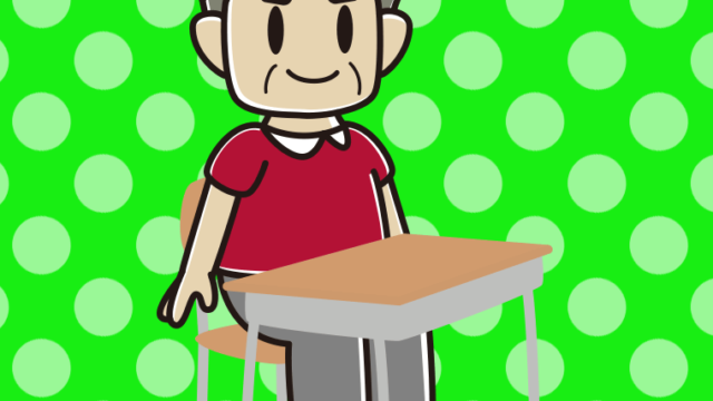 教室の席に座るおじさんのイラスト【色、背景あり】PNG