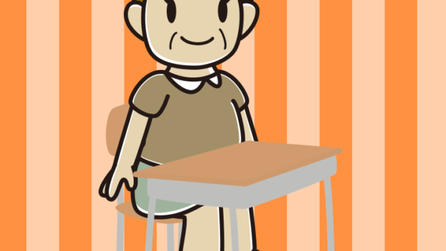 教室の席に座るおばさんのイラスト【色、背景あり】PNG