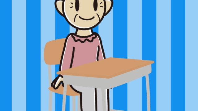 教室の席に座るおばあさんのイラスト【色、背景あり】PNG