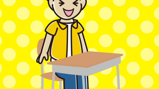 教室の席で笑う男子大学生のイラスト【色、背景あり】PNG