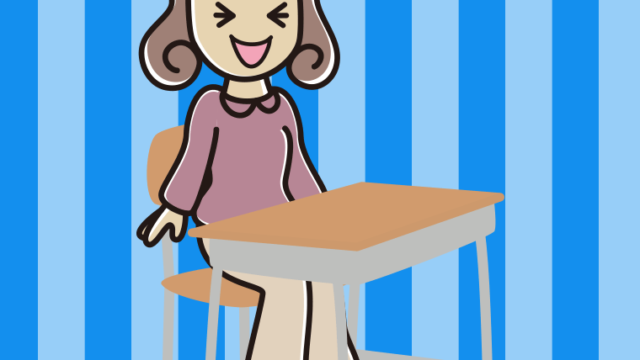 教室の席で笑う女子大学生のイラスト【色、背景あり】PNG