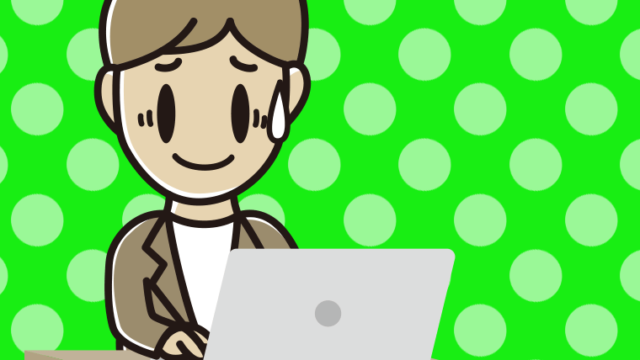 パソコンに苦笑いする男性会社員（カジュアル）のイラスト【色、背景あり】PNG