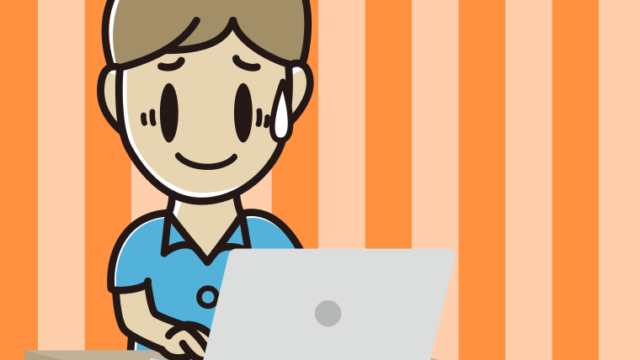 パソコンに苦笑いする男性会社員（クールビズ）のイラスト【色、背景あり】PNG