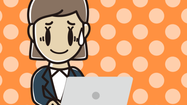 パソコンに苦笑いする女性会社員のイラスト【色、背景あり】PNG