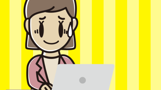 パソコンに苦笑いする女性会社員（カジュアル）のイラスト【色、背景あり】PNG