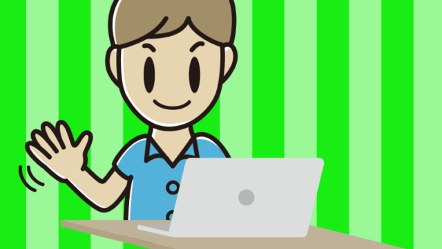 パソコンに手を振る男性会社員（クールビズ）のイラスト【色、背景あり】PNG