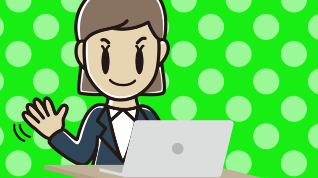 パソコンに手を振る女性会社員のイラスト【色、背景あり】PNG