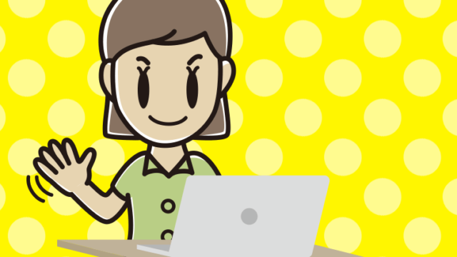 パソコンに手を振る女性会社員（クールビズ）のイラスト【色、背景あり】PNG