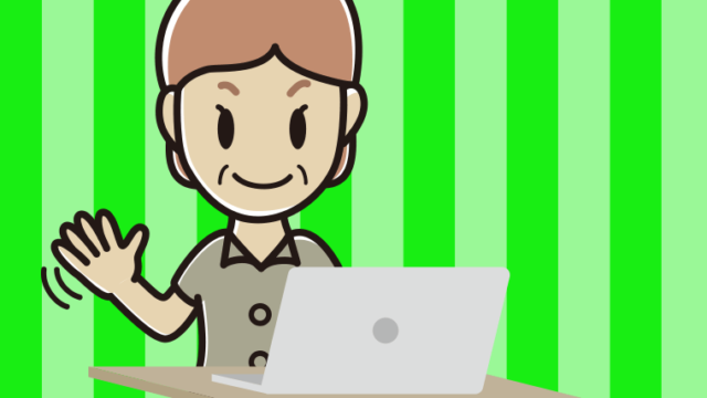 パソコンに手を振る年配女性会社員（クールビズ）のイラスト【色、背景あり】PNG