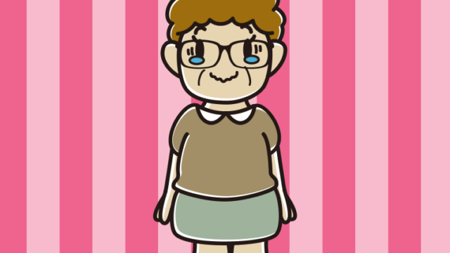 ジーンとする眼鏡のおばさんのイラスト【色、背景あり】PNG