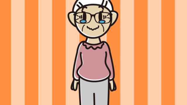 ジーンとする眼鏡のおばあさんのイラスト【色、背景あり】PNG