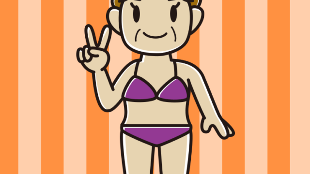 ピースをする水着のおばさんのイラスト【色、背景あり】PNG