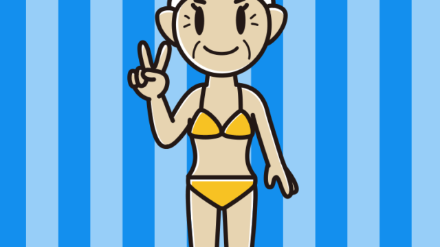 ピースをする水着のおばあさんのイラスト【色、背景あり】PNG