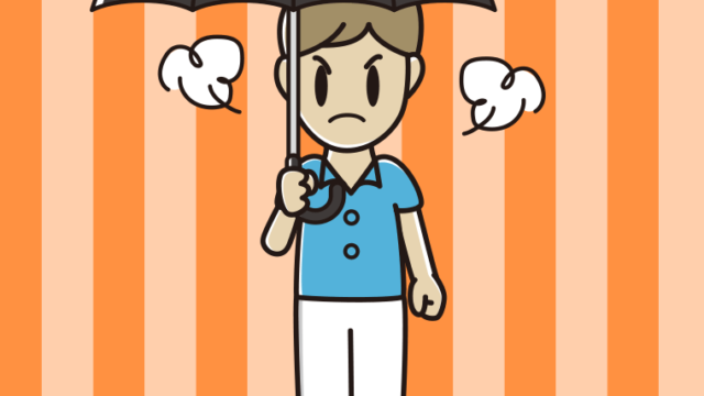 傘をさして怒る男性会社員（クールビズ）のイラスト【色、背景あり】PNG