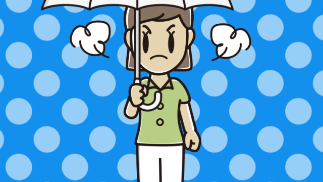 傘をさして怒る女性会社員（クールビズ）のイラスト【色、背景あり】PNG