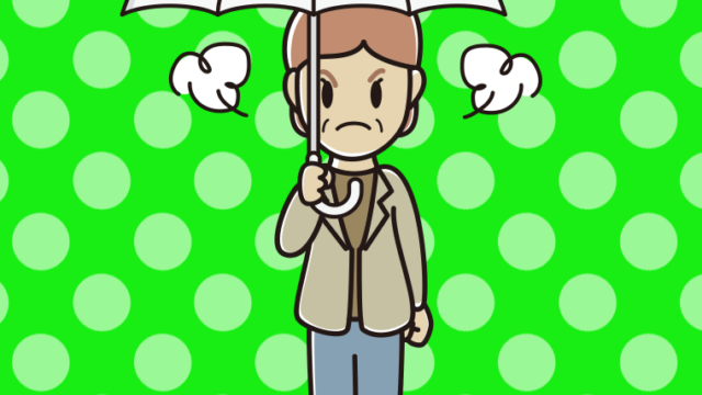 傘をさして怒る年配女性会社員（カジュアル）のイラスト【色、背景あり】PNG