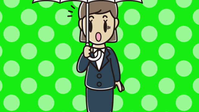 傘をさして驚く女性会社員のイラスト【色、背景あり】PNG