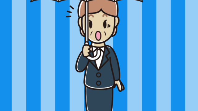 傘をさして驚く年配女性会社員のイラスト【色、背景あり】PNG