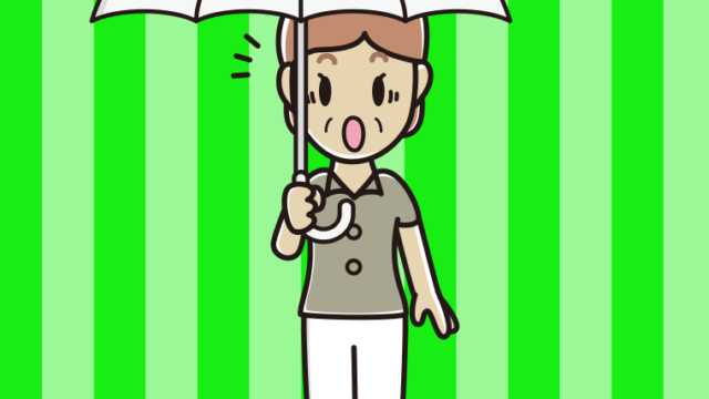 傘をさして驚く年配女性会社員（クールビズ）のイラスト【色、背景あり】PNG