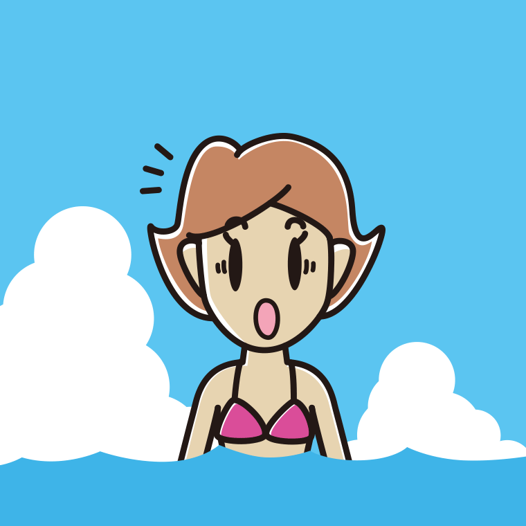 海に入って驚く女性のイラスト【色、背景あり】PNG