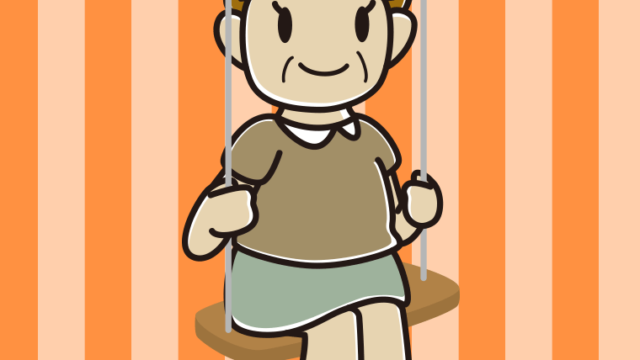 ブランコに乗るおばさんのイラスト【色、背景あり】PNG