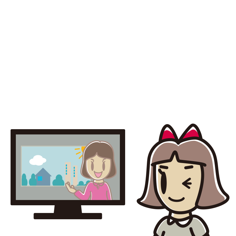 テレビにウインクする小学生女子のイラスト【色あり、背景なし】透過PNG