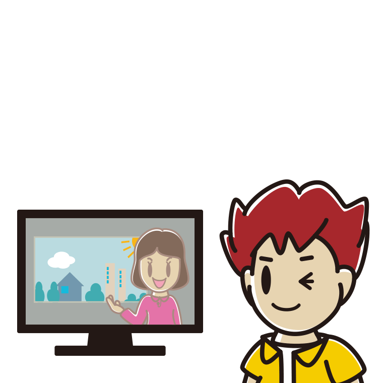 テレビにウインクする男子大学生のイラスト【色あり、背景なし】透過PNG