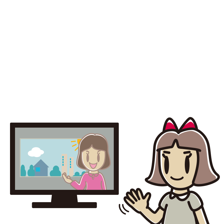 テレビに手を振る小学生女子のイラスト【色あり、背景なし】透過PNG