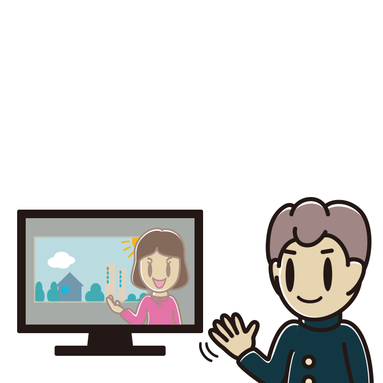 テレビに手を振る男子中学生のイラスト【色あり、背景なし】透過PNG