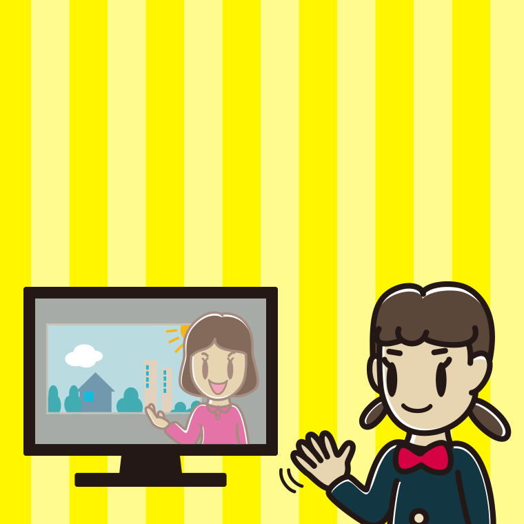 テレビに手を振る女子中学生のイラスト【色、背景あり】PNG