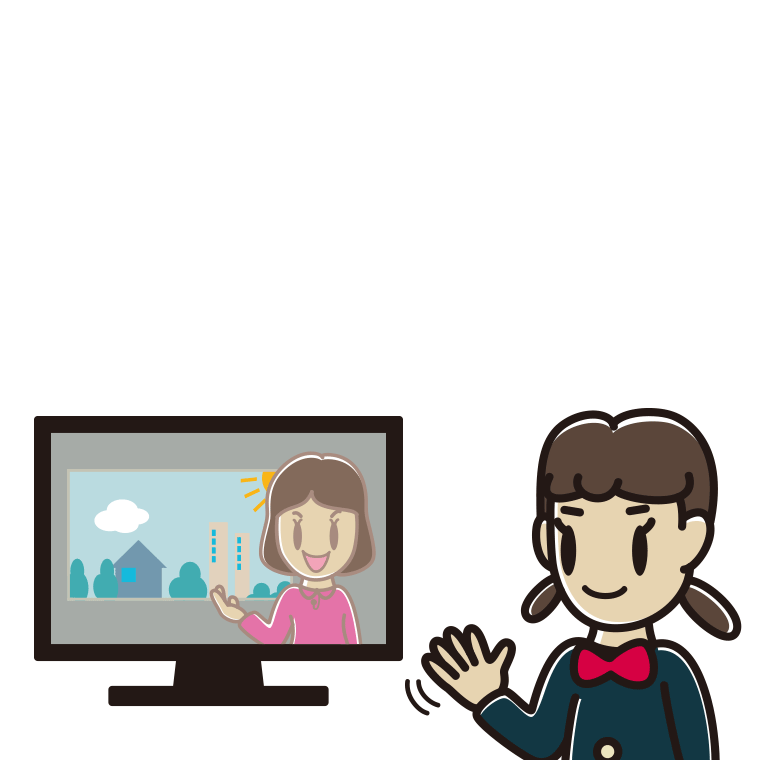 テレビに手を振る女子中学生のイラスト【色あり、背景なし】透過PNG