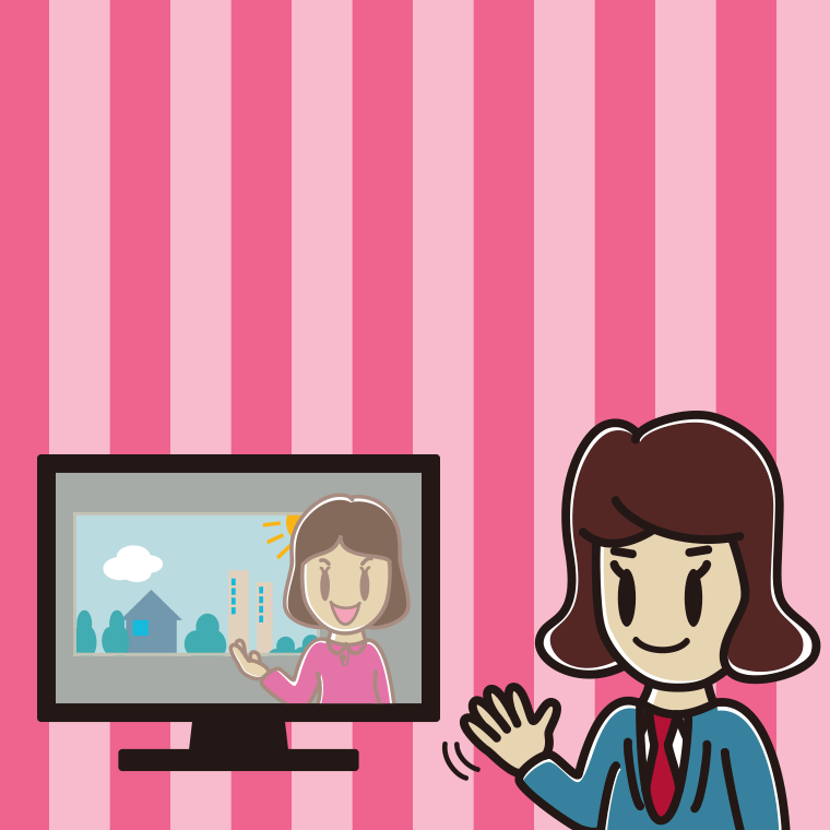 テレビに手を振る女子高校生のイラスト【色、背景あり】PNG