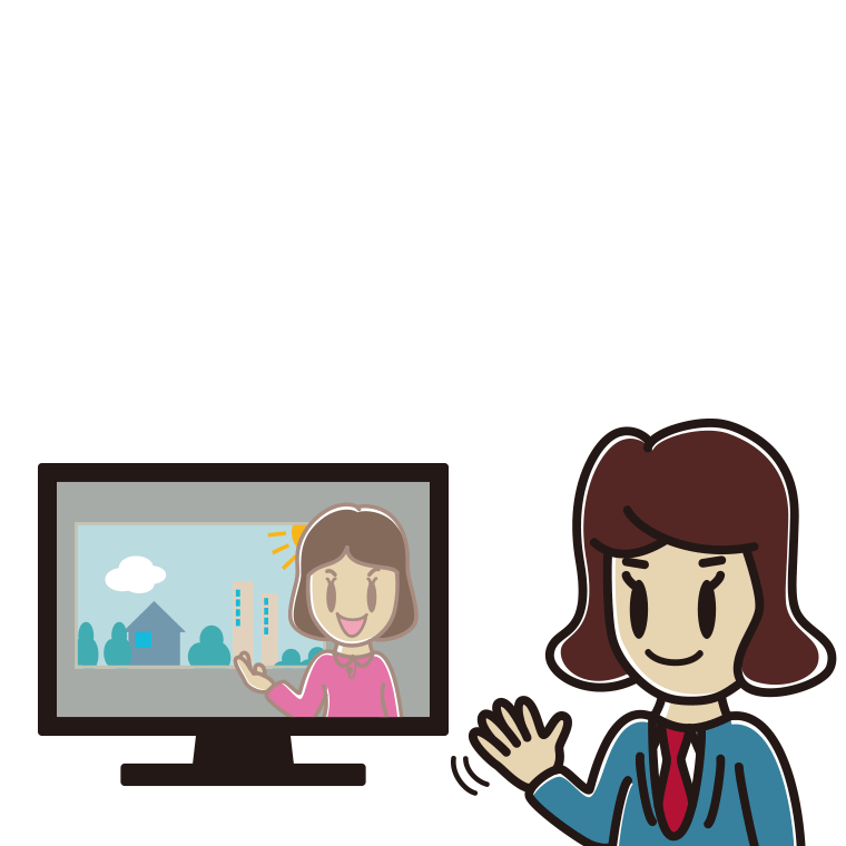 テレビに手を振る女子高校生のイラスト【色あり、背景なし】透過PNG