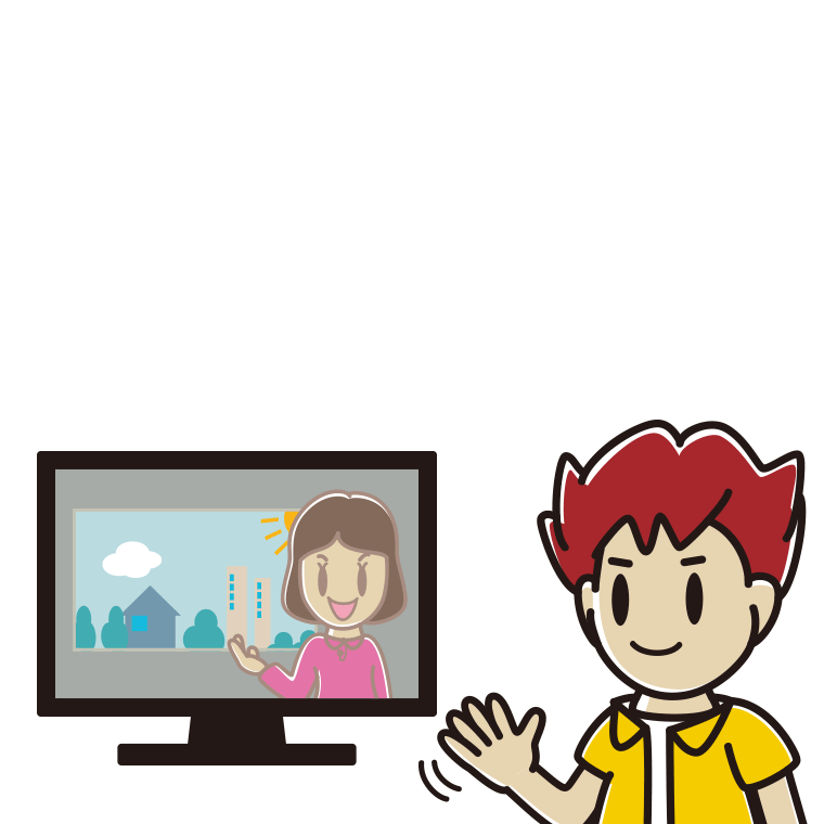 テレビに手を振る男子大学生のイラスト【色あり、背景なし】透過PNG