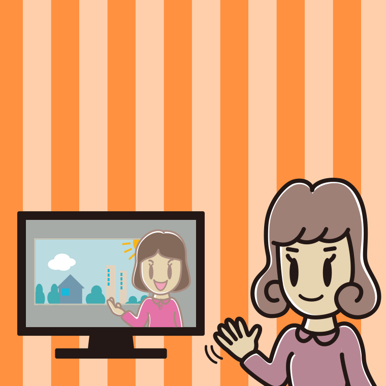 テレビに手を振る女子大学生のイラスト【色、背景あり】PNG