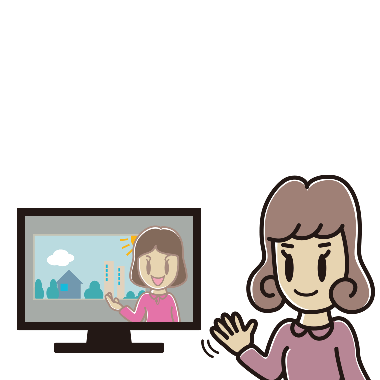 テレビに手を振る女子大学生のイラスト【色あり、背景なし】透過PNG