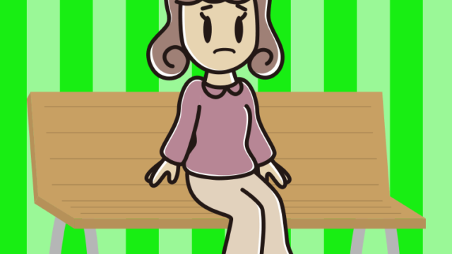 ベンチで困る女子大学生のイラスト【色、背景あり】PNG