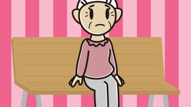 ベンチで困るおばあさんのイラスト【色、背景あり】PNG