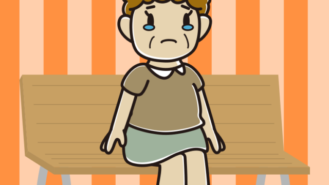 ベンチで泣くおばさんのイラスト【色、背景あり】PNG