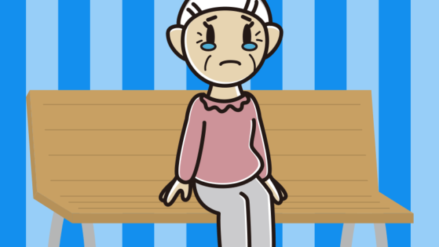 ベンチで泣くおばあさんのイラスト【色、背景あり】PNG