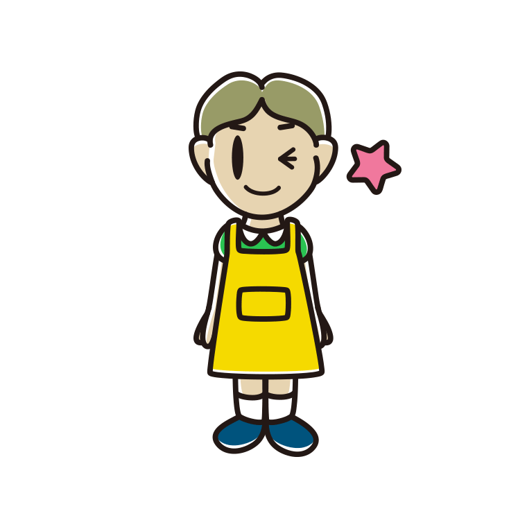 ウインクするエプロン姿の小学生男子のイラスト【色あり、背景なし】透過PNG