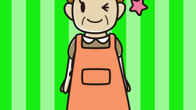 ウインクするエプロン姿のおばさんのイラスト【色、背景あり】PNG