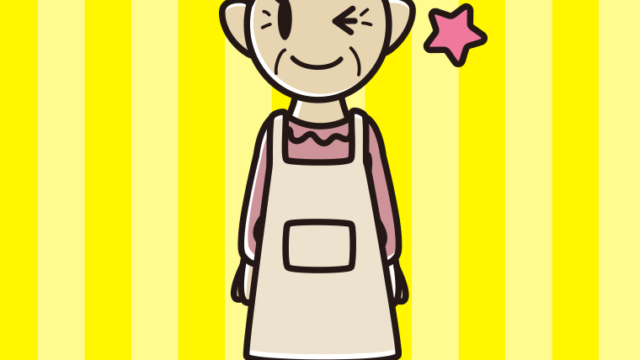 ウインクするエプロン姿のおばあさんのイラスト【色、背景あり】PNG