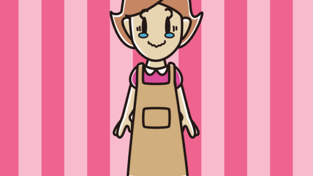 ジーンとするエプロン姿の女性のイラスト【色、背景あり】PNG