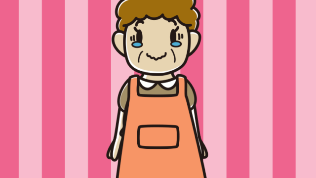 ジーンとするエプロン姿のおばさんのイラスト【色、背景あり】PNG