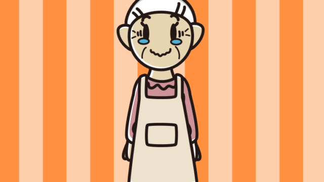 ジーンとするエプロン姿のおばあさんのイラスト【色、背景あり】PNG