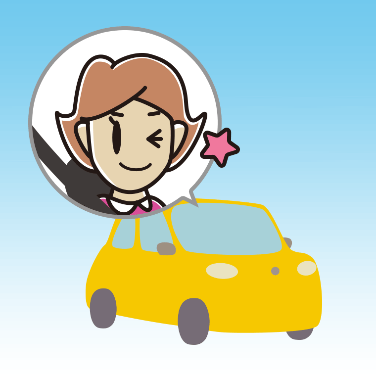 車でウインクする女性のイラスト【色、背景あり】PNG