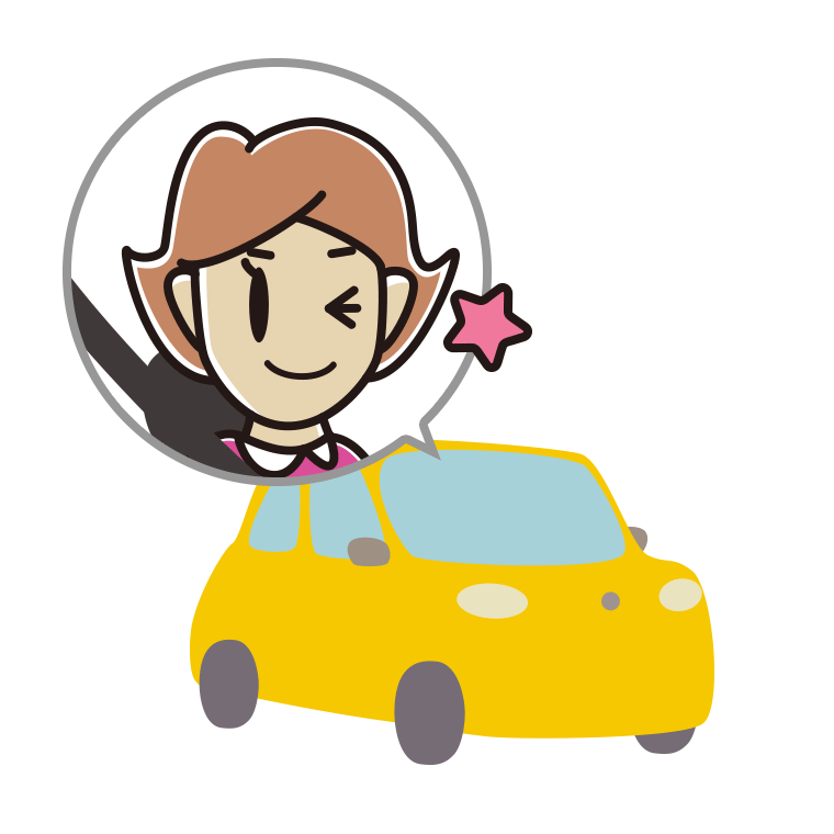 車でウインクする女性のイラスト【色あり、背景なし】透過PNG